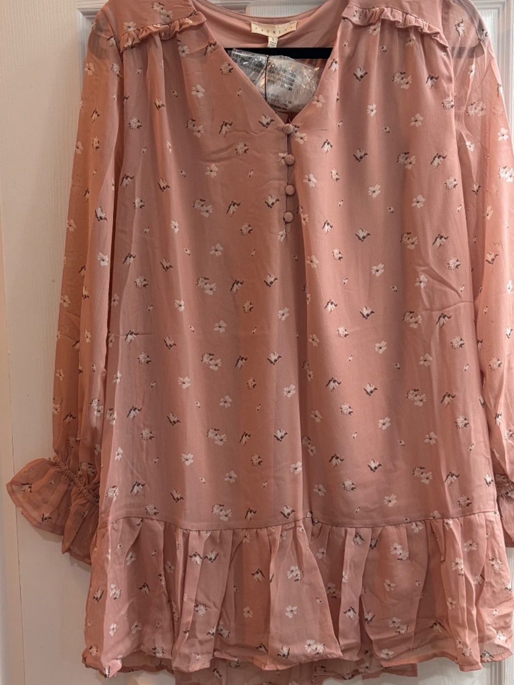 New Promesa Pink Floral Long Sleeve Mini Dress Women Small Boho Babydoll Flowy - Picture 3 of 6